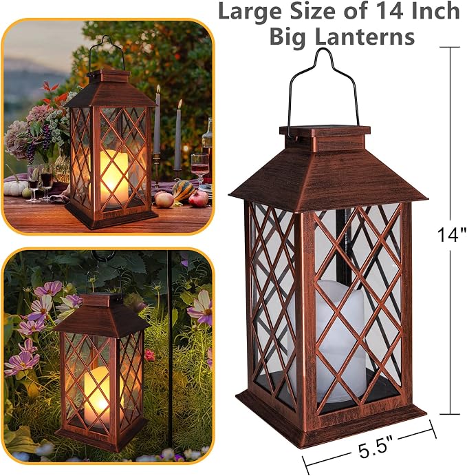 14" Solar Lanterns Outdoor Garden Lantern Waterproof LED Flickering Flameless Candle Mission Lights for Table,Outdoor,Party