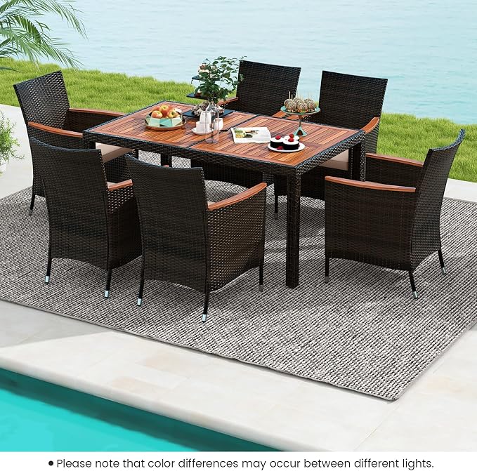 7-Piece Outdoor Wicker Dining Set with Umbrella Hole, Patio Dining Furniture with Acacia Wood Table and Chairs, for Garden, Backyard, Desk & Poolside (Brown)