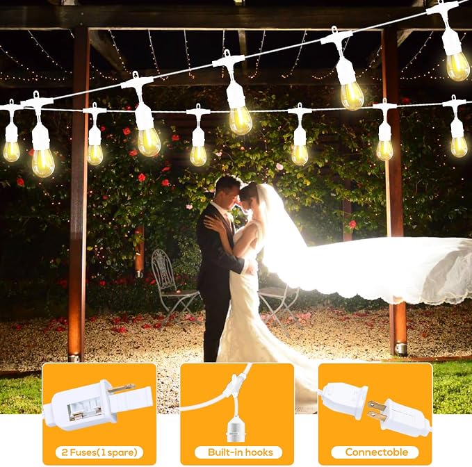 Outdoor String Lights White LED Waterproof 100FT for Patio Backyard Wedding | Linkable White Outdoor Lighting IP65 Weatherproof , 30+2 Plastic Dimmable Edison Bulbs for Outside Bistro Garden Porch Gazebo