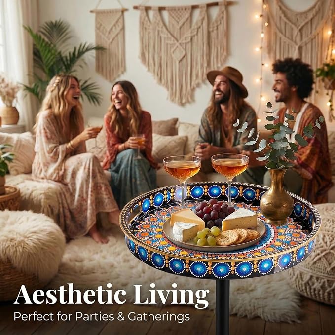 Gesodant Boho Single Leg Round Side Table with Tray Top, Pedestal Drink Table for Small Spaces, Aesthetic Accent Nightstand for Living Room, Bedroom, Corners, and Office (Peacock)