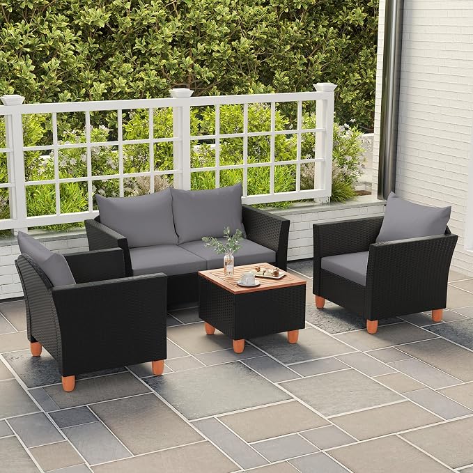 Tangkula 4 Piece Outdoor Conversation Set, Patio Cushioned Chairs w/Storage Coffee Table, Acacia Wood Tabletop & Chair Legs, Patio Wicker Furniture Set for Poolside, Lawn, Porch (1, Gray)