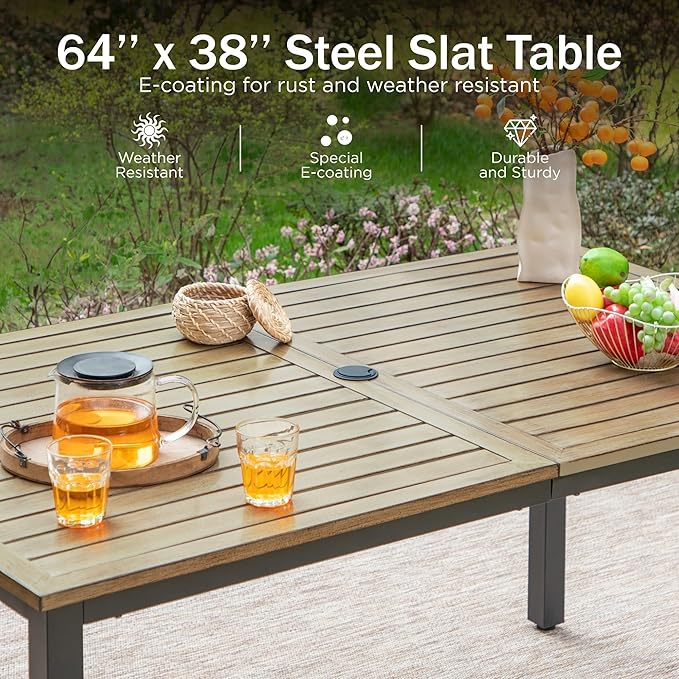 PHI VILLA Patio Dining Set for 6, Swivel Chairs& Wood-Like Table Table | 65" Rectangle Metal Wood-Like Steel Table&Swivel Wrought Iron Chairs,Outside Furniture Set for Patio, Deck, Yard, Porch