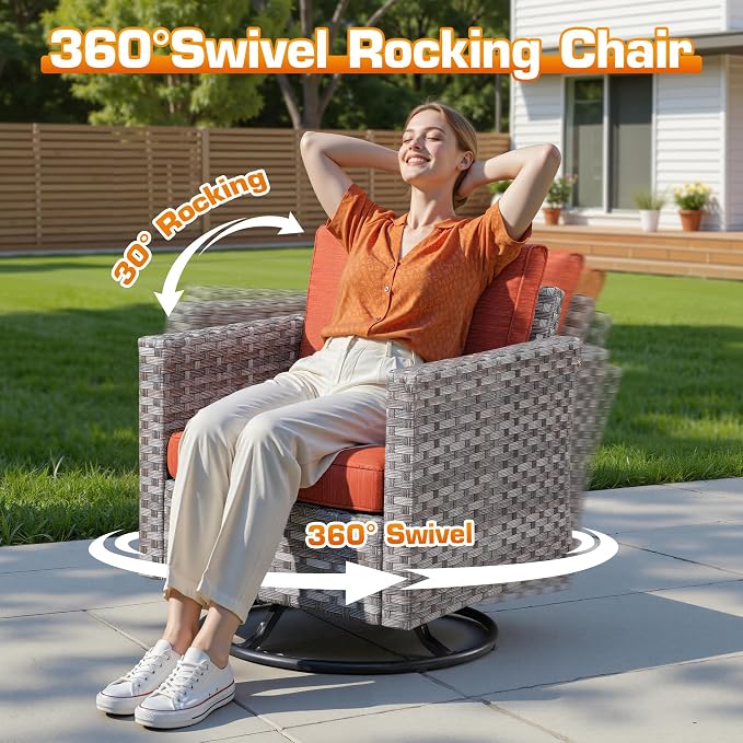 9-Piece Patio Furniture Set, Outdoor Wicker Furniture Sectional Set with Coffee Table, High Back Swivel Rocker Patio Chairs, Modern Rattan Outdoor Conversation Set for Porch, Balcony, Orange-Red