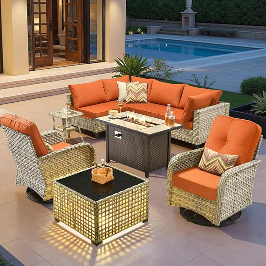 Outdoor Sectional Patio Furniture Set with Fire Pit Table,9 Pieces Rattan Wicker Conversation Sets L Shaped Couch,Outside Furniture with Swivel Chairs Glowing Coffee Table,Orange Line