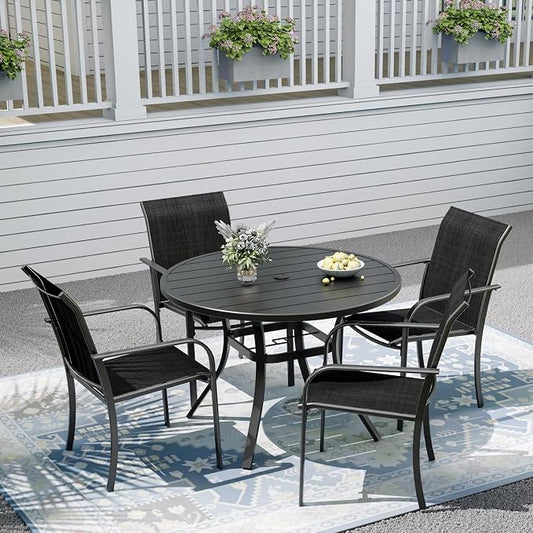 Outdoor Dining Table with 4-Piece Stackable Chairs,41" Round Patio Table with Adjustable Umbrella Hole,Stable Patio Dining Set for Home or Outside