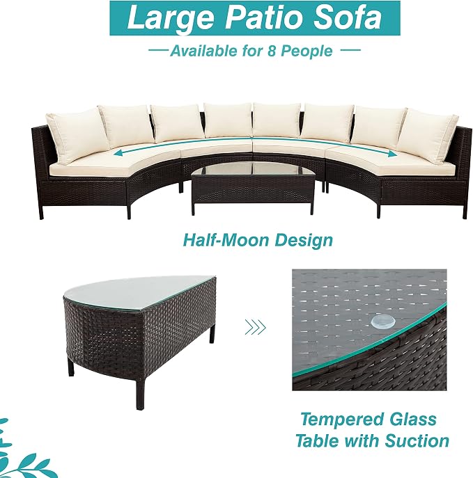 5-Piece Half Moon Outdoor Sectional Sofa Set, Patio All-Weather PE Wicker Furniture with Pillows, Cushions and Half-Moon Tempered Glass Table,Beige