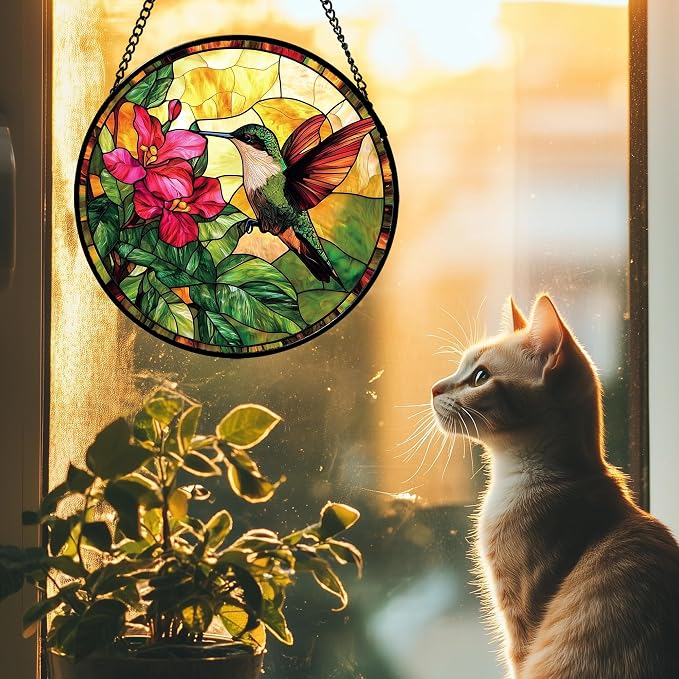 Stained Glass Suncatcher, Hummingbird Red Flowers Green Leaves Sun Catcher Stain Glass Window Hanging Decoration Mother's Day Birthday Gifts for Bird Lover Women Men Mom Nana 6.3 in