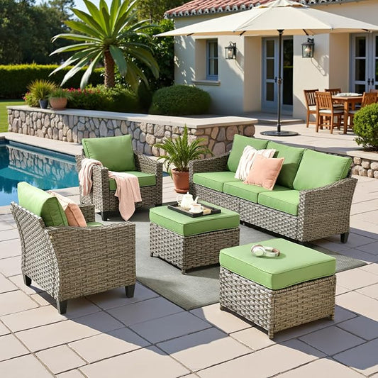 CAODOC 5 Pcs Patio Conversation Set for 7 Seats, Rattan Wicker Outdoor Patio Furniture Set, 2 x Single Chair, 2 x Ottoman, 3-Seat Sofa for Lawn Garden Backyard(Green)