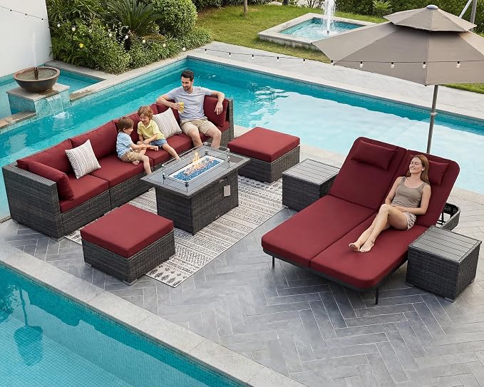NICESOUL 11 Piece Sectional Outdoor Set with Chaise Lounge, Extra Large Backyard Seating with Firepit, 29.3'' Highback Patio Couch Sofa, Heavy Duty All-Weather Wicker Furniture for Deck, Grey & Red