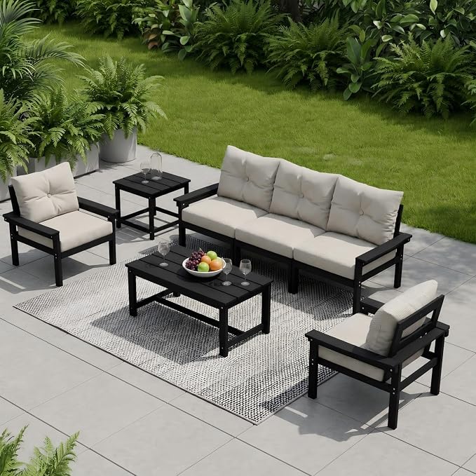 HDPE 4 Piece Patio Furniture Set, All-Weather Outdoor Couch with Thick Cushions & Coffee Table & Side Table, Patio Conversation Sets for Lawn, Garden, Porch, Balcony, Deck, Poolside,Black Beige