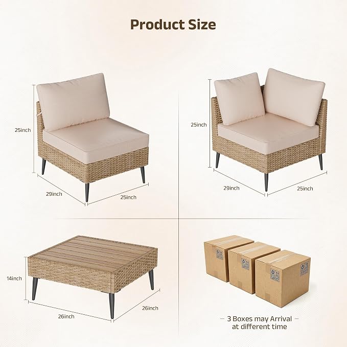 Outdoor Patio Furniture Sets,7 Pieces Outdoor Sectional Sofa PE Rattan Patio Conversation Sets with Composite Wood Coffee Table Resistant Thick Cushions Outdoor Sectional Furniture (Khaki)