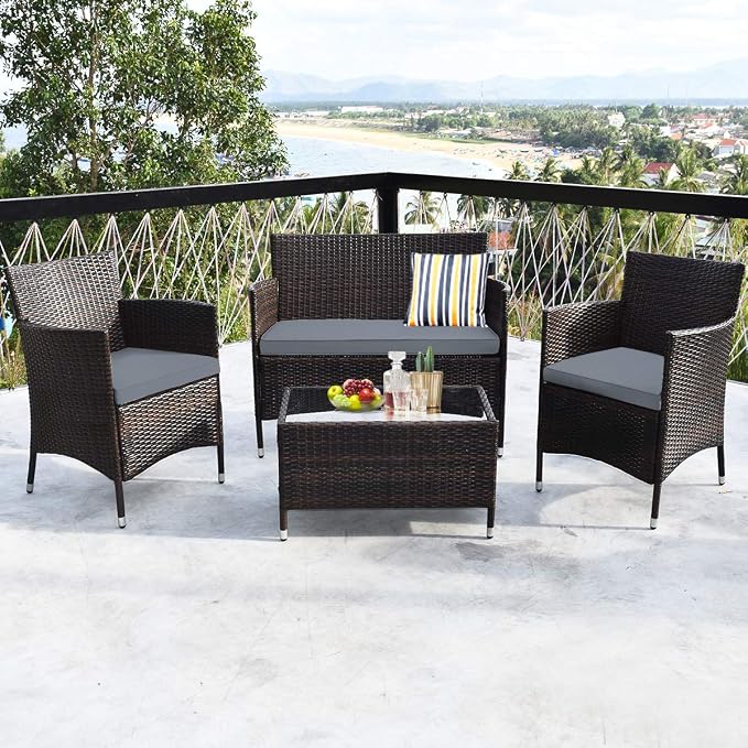 COSTWAY 4PCS Rattan Patio Furniture Set | Outdoor Wicker Rattan Chairs with Coffee Table, Rattan Cushioned Conversation Set for Backyard Balcony Porch Poolside, Grey
