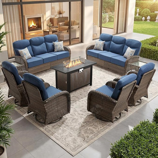 Outdoor Swivel Rocking Chair Patio Set (9pcs) High-Back - Thick Cushion Swivel Rocking Chair Patio with Fire Table Set, All-Weather Wicker Patio Furniture Set, Suitable for Balcony Patios, Brown/Blue