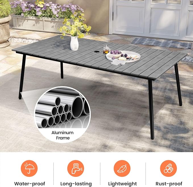 Pellebant 95" Patio Outdoor Dining Table for 8-10, Weather-Resistant Aluminum Frame with Wood-Grain Top & Umbrella Hole for Deck Gatherings, Grey