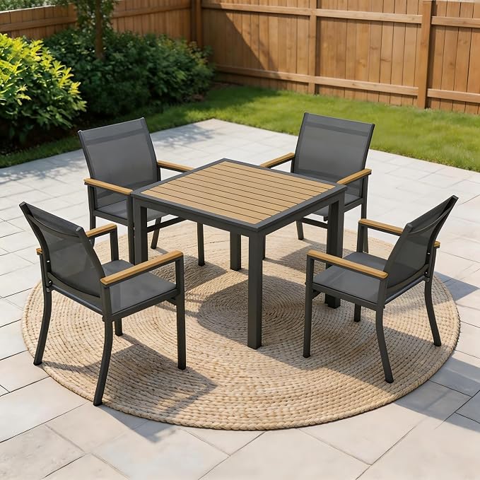 5-Pieces Aluminum Patio Table and Chairs for All-Weather, Patio Table Set with Heavy Duty HDPS Square Table, Outdoor Patio Dining Furniture Set with Breathable Quick-Drying Textilene Chairs