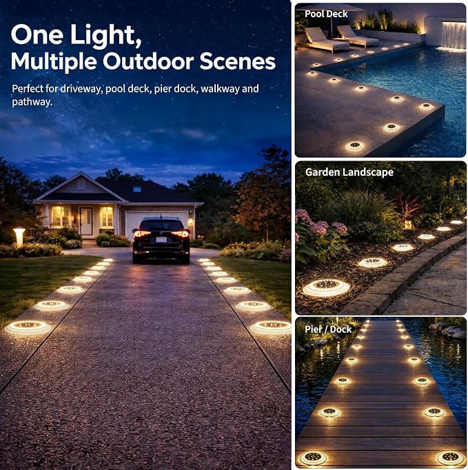 Solar Ground Lights, 48 LEDs Deck Disc, Warm White, 12Pk | Outdoor Waterproof, Flat Round Low Profile, Ultra Bright, IP67 Waterproof, Car Weight Bearing, Driveway, Dock, Path, Walkway