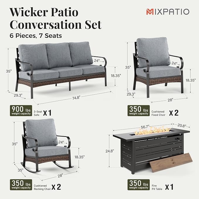 MIXPATIO Patio Furniture Set with Fire Pit Table, Metal Outdoor Conversation Set with 2 Fixed Chairs, 2 Rocking Chairs, 3-Seat Sofa and Gas Fire Pit Table for Lawn Garden Backyard, Grey
