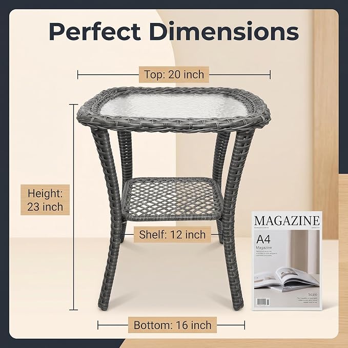Outdoor Wicker Side Table, Patio End Table with Water-Ripple Tempered Glass Top, Rounded Corners & Floor-Friendly Wrapped Legs, Small Coffee Table for Covered Deck, Balcony, Small Living Room