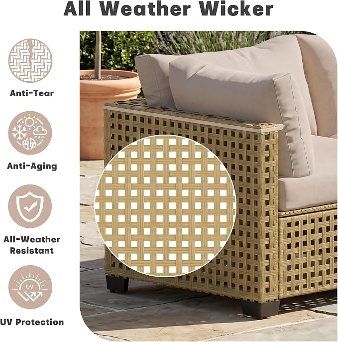 Patio Furniture Set, 7-Piece Outdoor Sectional Couch with Coffee Table & Thick Cushions, Outdoor Wicker Conversation Set for Backyard, Poolside, Garden (Yellow-White, 7 Piece-Single)