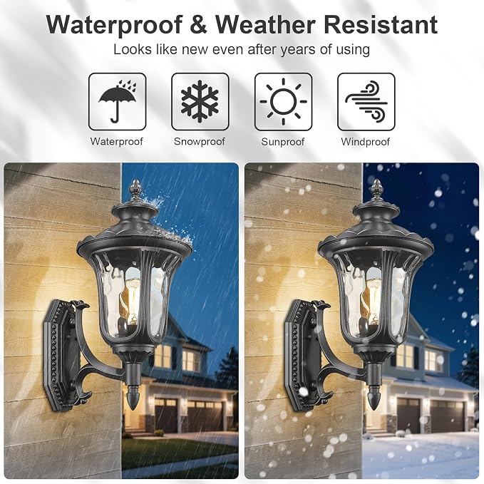 Outdoor Light Fixtures Wall Mount, Waterproof Exterior Wall Lanterns with Waer Ripple Glass, Outside Sconces, Front Porch Lights for House Garage Doorway Patio, 22'' Large Black