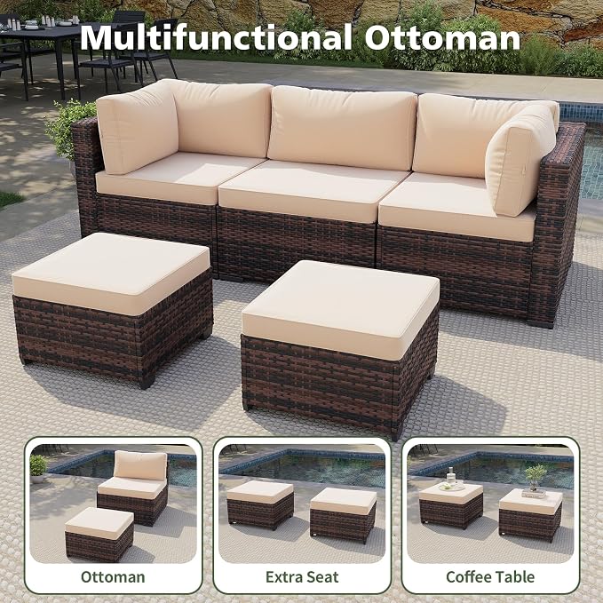 Aoxun 13 Piece Outdoor Patio Furniture Set with 44'' Fire Pit Table, Wicker Rattan Outdoor Furniture with High Back Swivel Rocker Chairs, Outdoor Conversation Set with Thick Cushion & Ottoman, Beige