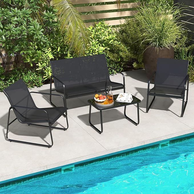 Tangkula 8 Pieces Patio Furniture Set, Outdoor Conversation Set with Tempered Glass Coffee Table, Outdoor Garden Porch Furniture Set with Breathable Fabric and Rustproof Metal Frame (2, Black)