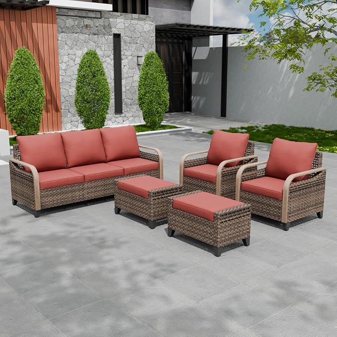 EAGLE PEAK Modern Wicker Outdoor Patio Furniture Set, Patio Conversation Set, 2 Chairs, 3-Seat Loveseat and 2 Ottomans, 5 Pieces, Brown/Red