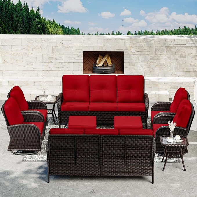 Joyside Wicker Patio Furniture Set, 10 Piece Outdoor Furniture Set with Thickened Cushions, High Back, Deep Seating, Wide Armrest, Outdoor Swivel Rocker Chairs for Porch, Deck