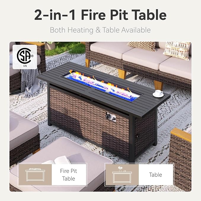 GREEN PARTY 8 Pieces Wicker Patio Furniture Set with 56" Fire Pit Table, All-Weather Outdoor Rattan Patio Half-Moon Curved Sectional Sofa Conversation Set for Garden, Backyard