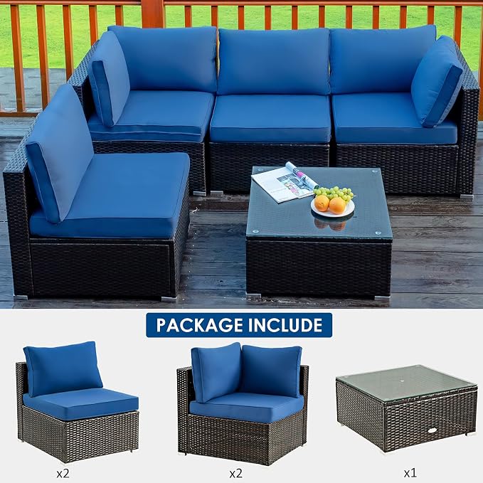 Tangkula 5 Pieces Patio Furniture Set, All Weather Wicker L-Shaped Corner Sofa Set w/Soft Cushions, Outdoor Sectional Conversation Couch Set w/Glass Table for Backyard Garden Poolside (Navy Blue)