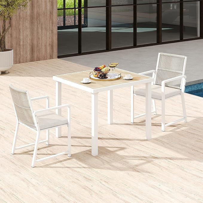 3 Pieces Metal Outdoor Dinning Set Featuring 1 Table and 2 Ratten Chairs Waterproof and Rust-Proof Courtyard Style Table Garden Balcony Poolside, White 3 Pcs