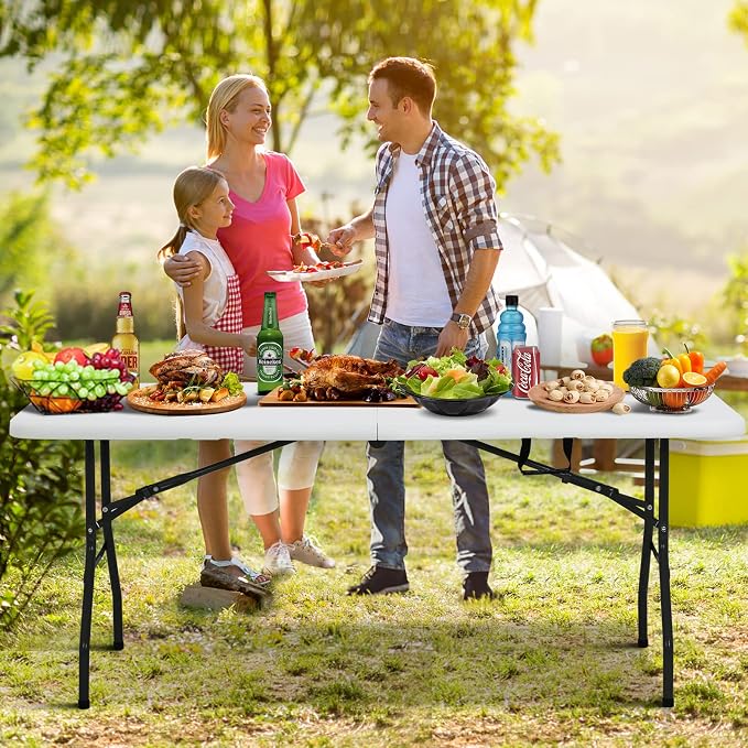 6FT Plastic Folding Table - Portable, Foldable Indoor/Outdoor Fold Up Table for Eating, Camping and Party, White