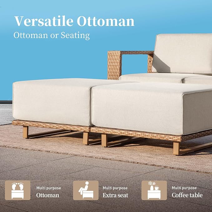 SUNSHINE VALLEY 4 Pieces Patio Furniture Set,Outdoor Rattan Wicker Chairs and Ottomans with 10''Ultra-Thick Cushions, Low Profile Patio Conversation Set for Lawn Garden Backyard,Beige