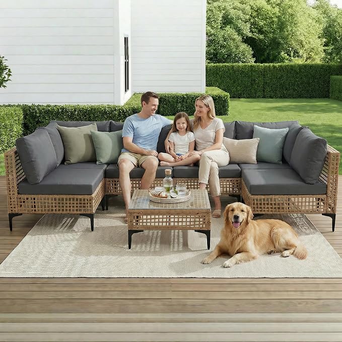 7 PCs Outdoor Patio Furniture All Weather Wicker Rattan Sectional Conversation Sofa Set w/Water Resistant Cushions, Coffee Table for Paito, Lawn, Garden, Grey