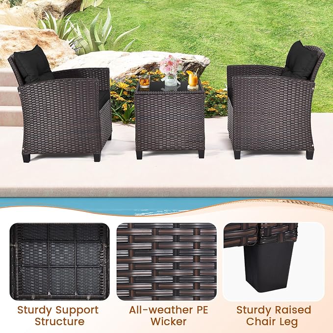 3-Pieces Patio Furniture Set, PE Wicker Chairs Sofa Set with Removable Cushions & Glass Top Side Table, Outdoor Wicker Rattan Conversation Chair for Porch,Backyard, Balcony (Black)