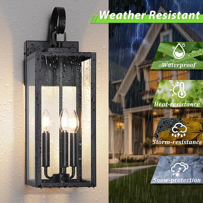 BesLowe 23" Large Outdoor Wall Light, 3-Light Black Exterior Sconce | Waterproof, Rust-Resistant, Durable Metal with Clear Glass, Standard E12 Socket, Easy to Install