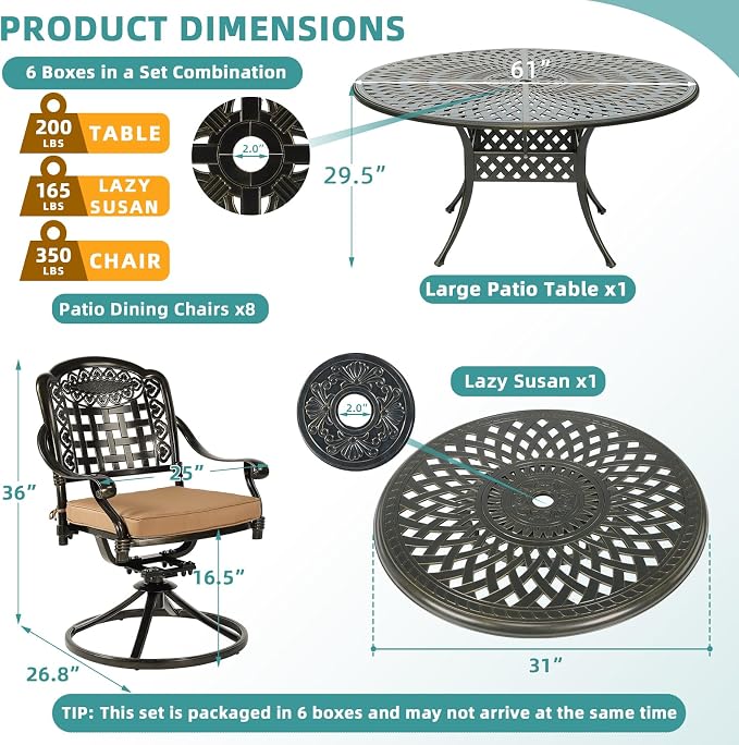MEETWARM Outdoor 9-Piece Patio Dining Set, All-Weather Cast Aluminum Patio Conversation Set- 8 Cushioned Swivel Rocker, 61" Round Patio Dining Table w/Detachable Lazy Susan/Umbrella Hole, Dark Bronze