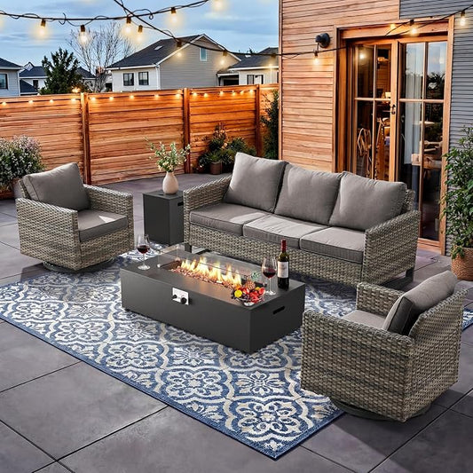 HUMMUH Patio Furniture Set with Fire Pit Table,5 Piece Wicker Outdoor Conversation Sets -Outdoor Swivel Rocker Chairs Patio Sofa for Porch,Garden,Backyard