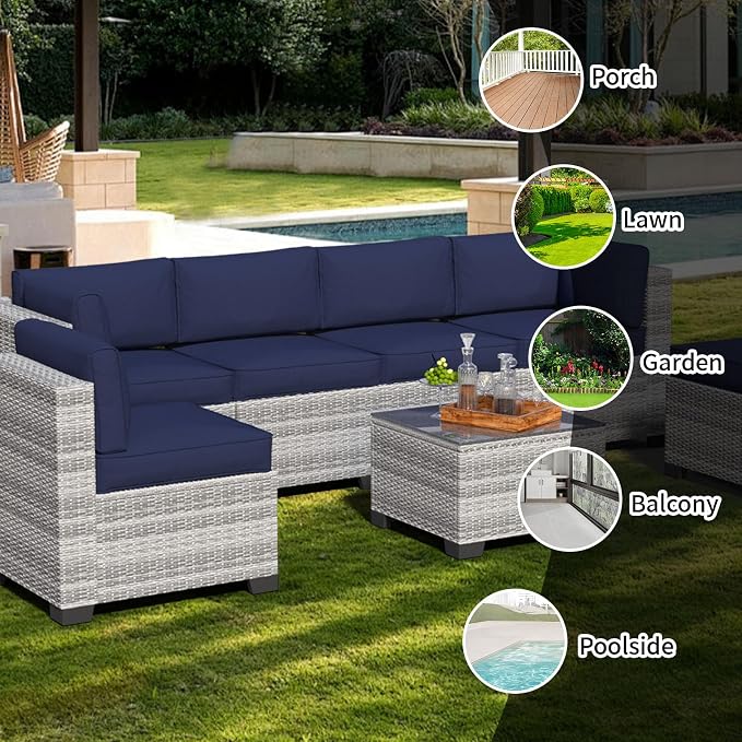 7 Piece Patio Furniture Set, Rattan Outdoor Patio Conversation Sets, Outdoor Sectional Furniture with Thickened Cushion and Coffee Table, for Deck, Backyard, Garden, Off-White & Dark Blue