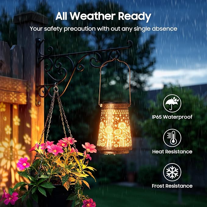 2 Pack Solar Lanterns Outdoor Waterproof, Birthday Gifts for Women Mom | Hollow-Out Metal Sunflower Lantern, 2 Lighting Modes, Outside Hanging Solar Lights for Christmas Decorations, Garden Decor