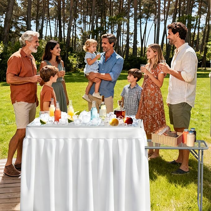 Folding Ice Cooler Table with Metal Side Desktop, Skirt &Drain Hose Plastic Chill Table to Keep Drinks Cool, Portable Self-Serving Beverage Cooling Bar for Parties, Picnics, Barbecues(White