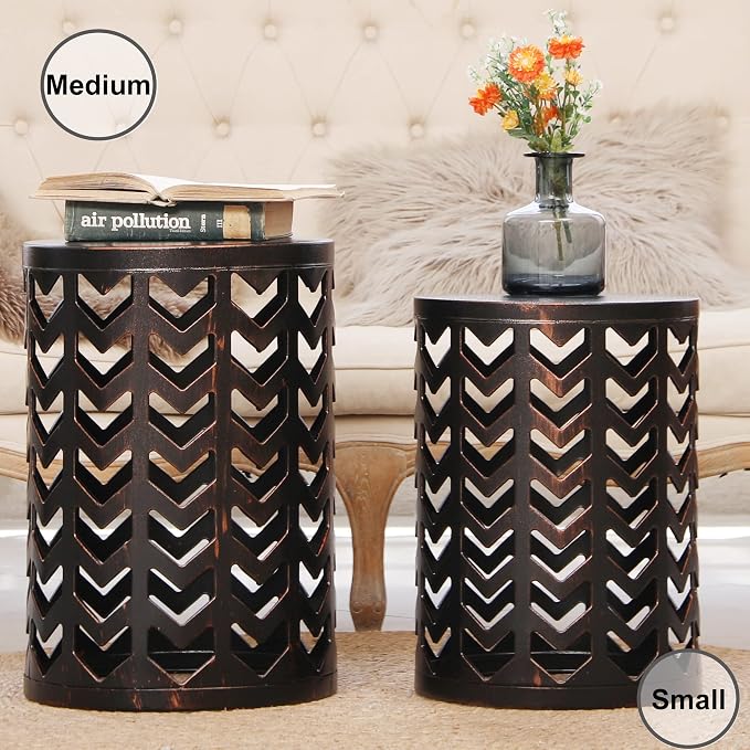 Y&M Outdoor Side Tables Set of 3, Nesting Metal End Coffee Tables, Indoor Round Accent Metal Tables for Patio, Porch, Balcony, Garden, Sunroom, and Living Room, Black with Bronze
