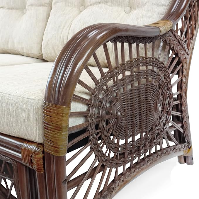 Malibu Lounge Set of 4: 2 Natural Rattan Wicker Chairs, Three-Seater Sofa with Cushions and Coffee Table with Glass Handmade, Dark Brown Color