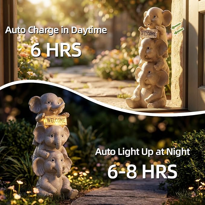Lyeasw Solar Elephant Garden Statue with Lighted Welcome Sign, Outdoor Decor for Patio Porch Yard, Cute Elephant Family Figurine for Garden, Gift for Mom Grandma Garden Lovers