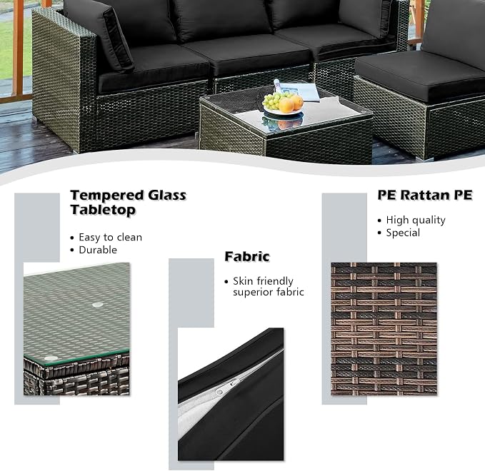 DORTALA 5 Pieces Patio Furniture Set, Outdoor Rattan L-Shaped Corner Sofa Set with Cushions, Coffee Table, Patio Sectional Conversation Set for Backyard Porch Garden Poolside, Black