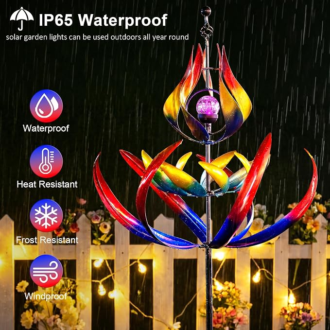 107" Large Solar Wind Spinner Outdoor Metal - 3-Tier Kinetic Wind Sculptures with LED Glass Ball Light, Multi-Color Tulip Windmills for Yard Garden Decor, Patio Porch Lawn Ornament Gardening Gifts
