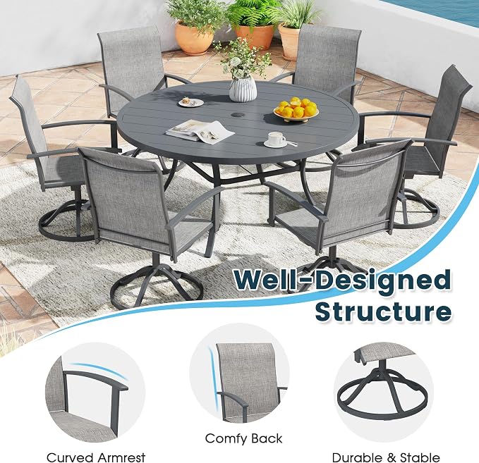 9 Pieces Outdoor Patio Dining Table Set, 60" All Weather Round Metal Table with Umbrella Hole and 8 High Back Textilene Swivel Chairs for Garden, Lawn, Poolside, Grey