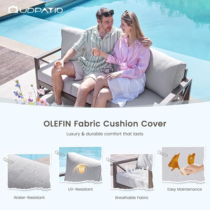 UDPATIO Aluminum Patio Furniture Set, Faux Wood Grain Modern Outdoor Furniture, 6" Cushions Metal Patio Conversation Sofa with Coffee Table for Poolside Deck, 6 PCS, Beige(Include 600D Covers)