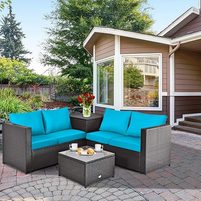 HAPPYGRILL 4-Piece Rattan Wicker Conversation Set Outdoor Patio Furniture Sofa Set with Storage Box & Tempered Glass Coffee Table for Backyard Garden Porch
