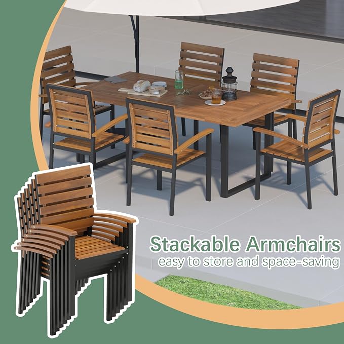 WiberWi 7 Piece Outdoor Dining Set for 6, Acacia Wood 59.1" Patio Table and Chairs Set with Metal Frame, Patio Dining Furniture Set for Garden, Balcony, Backyard, Poolside, Brown & Black